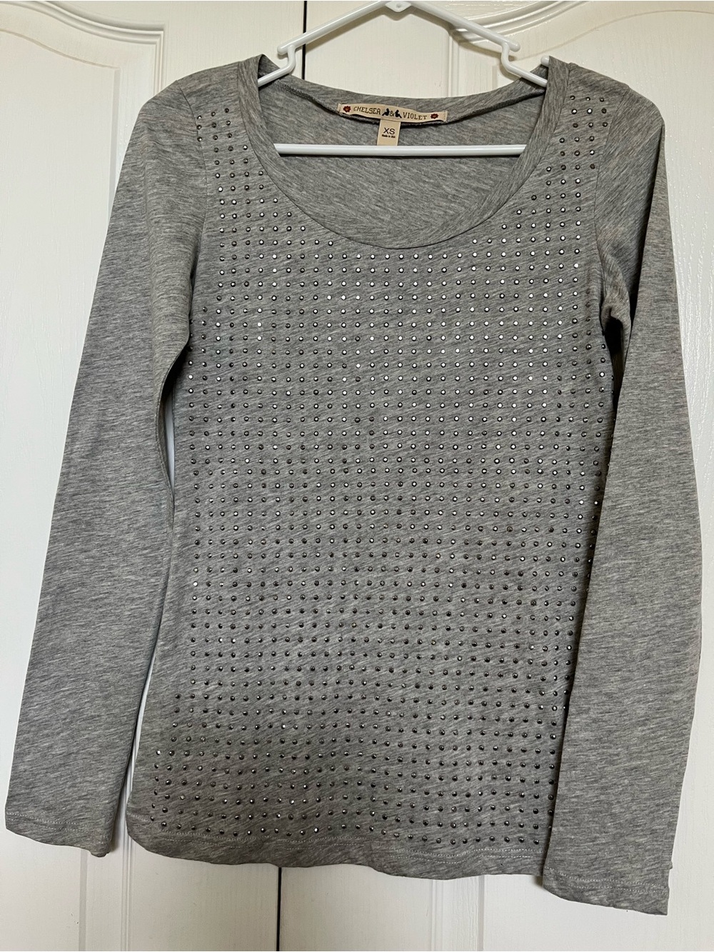 Chelsea & Violet Gray Long Sleeve Scoop Neck Studded Top